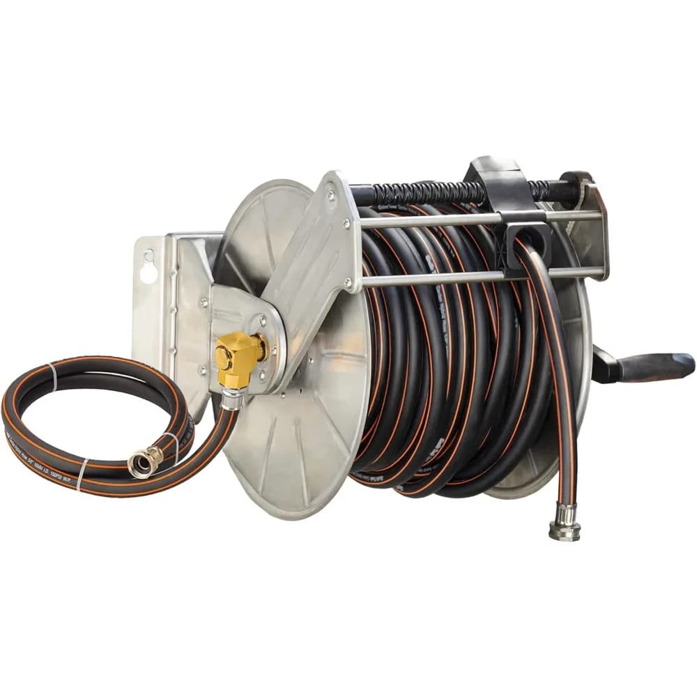 Stainless steel garden hose with 5/8" x 100 feet, metal water hose mounted wall/floor with handle