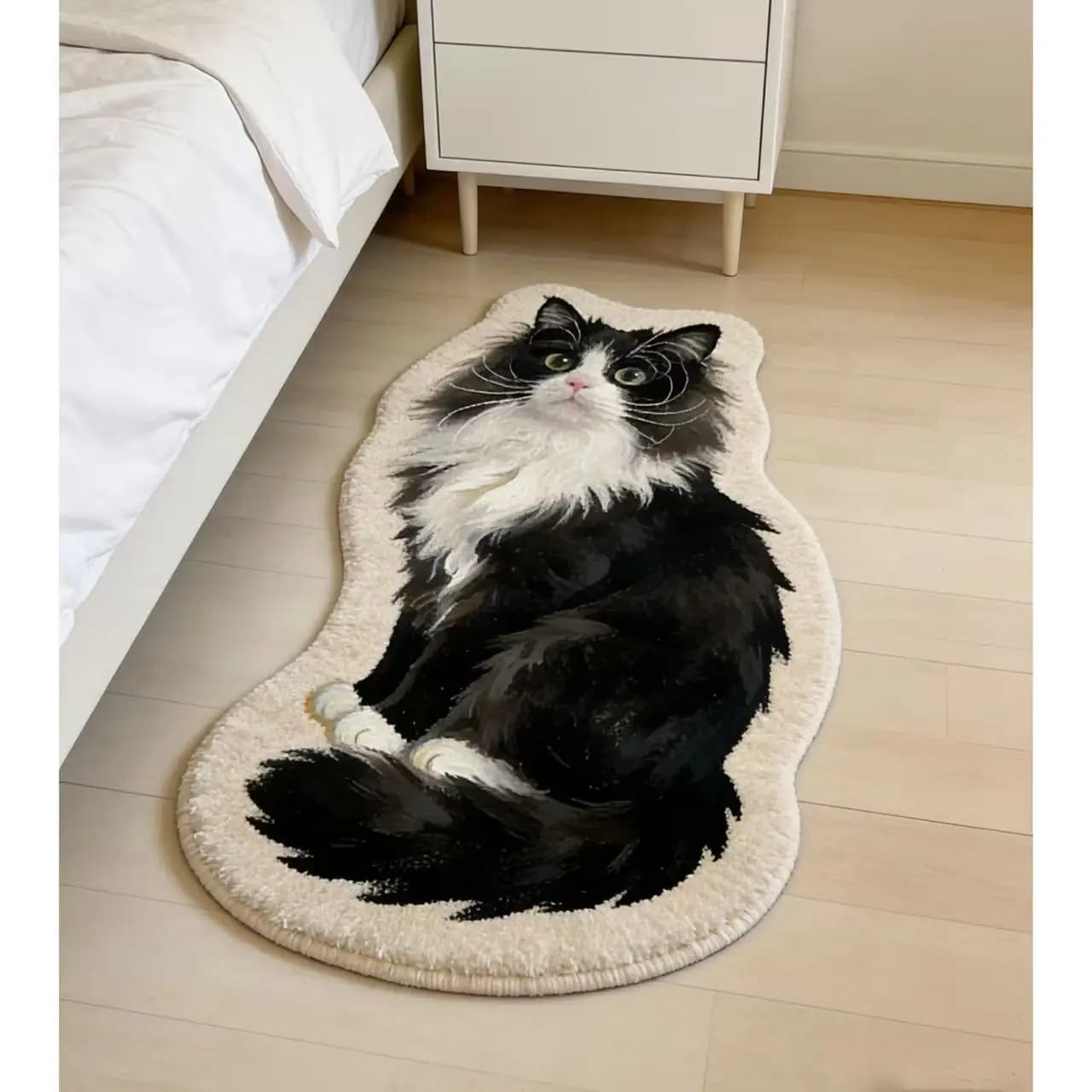 VIKAMA Fluffy Black White Cat Shaped Rug Non Slip Washable Plush Floor Mat Cute Bedroom Carpet Animal Lover Home Decor
