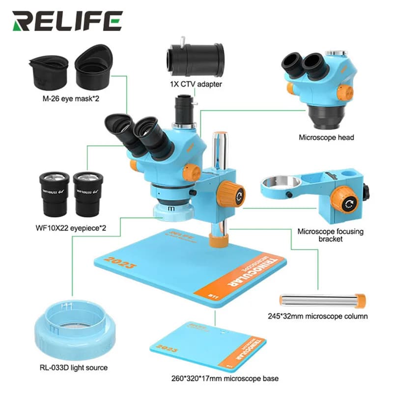 RELIFE RL-M5T-B11 0.7-5.0 microscopio trinoculare HD con Zoom continuo con microscopio di riparazione elettronico PCB per telefono con Design di Base di grandi dimensioni