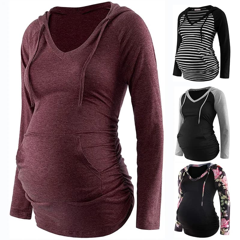 Felpe con cappuccio premaman da donna Stampa a righe Manica lunga con scollo a V Felpe con cappuccio Top Mamma incinta Allattamento Abiti autunnali e invernali