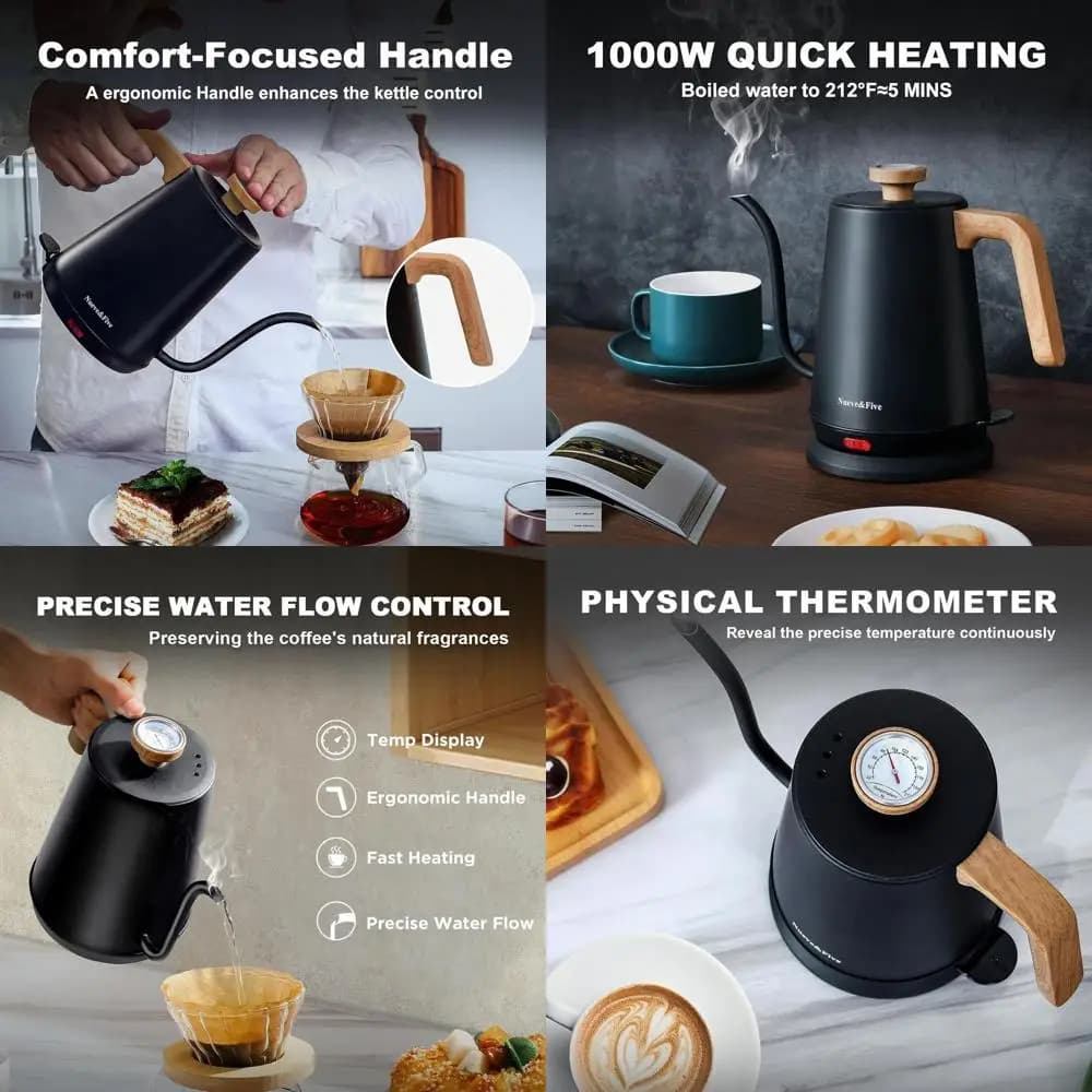 1L Stainless Steel Electric Kettle with Thermometer, Automatic Shutdown, 1000W for Coffee and Tea