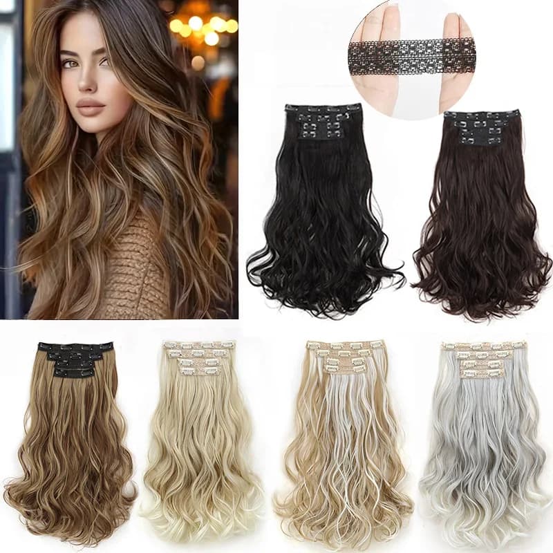 Extension per capelli sintetici ricci lunghi da 16 pollici con 11 clip, resistenti al calore, con clip, colore Ombre Nero Marrone Biondo, per donna