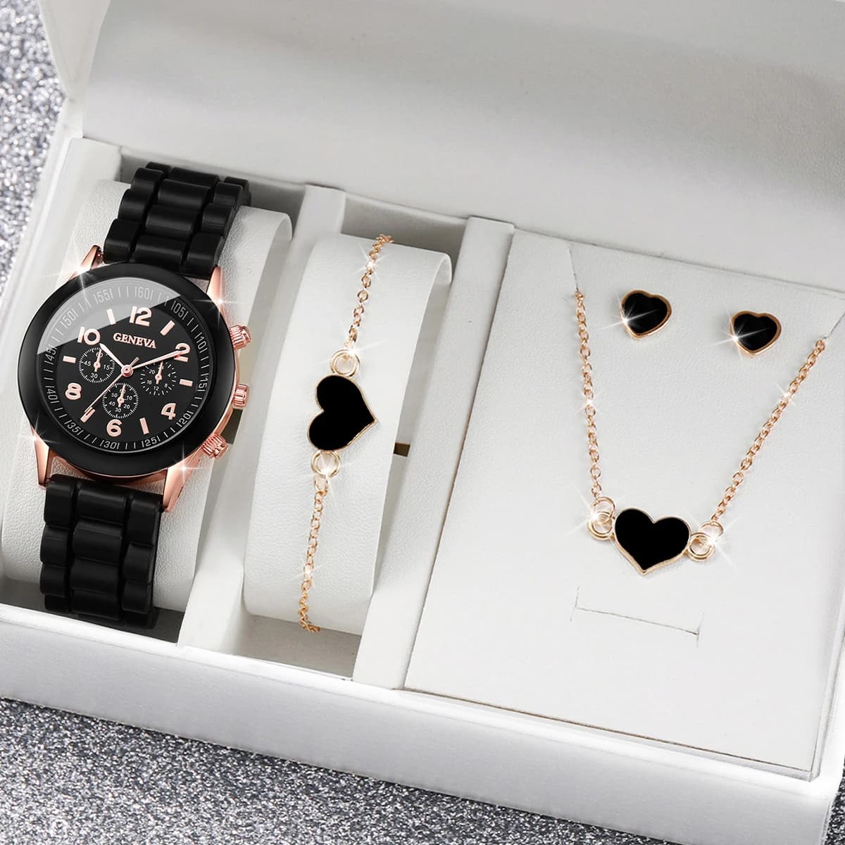 Set di 4 Orologi Geneva con Cinturino in Silicone, Orologi al Quarzo da Donna, Set di Gioielli a Forma di Cuore (Senza Scatola)