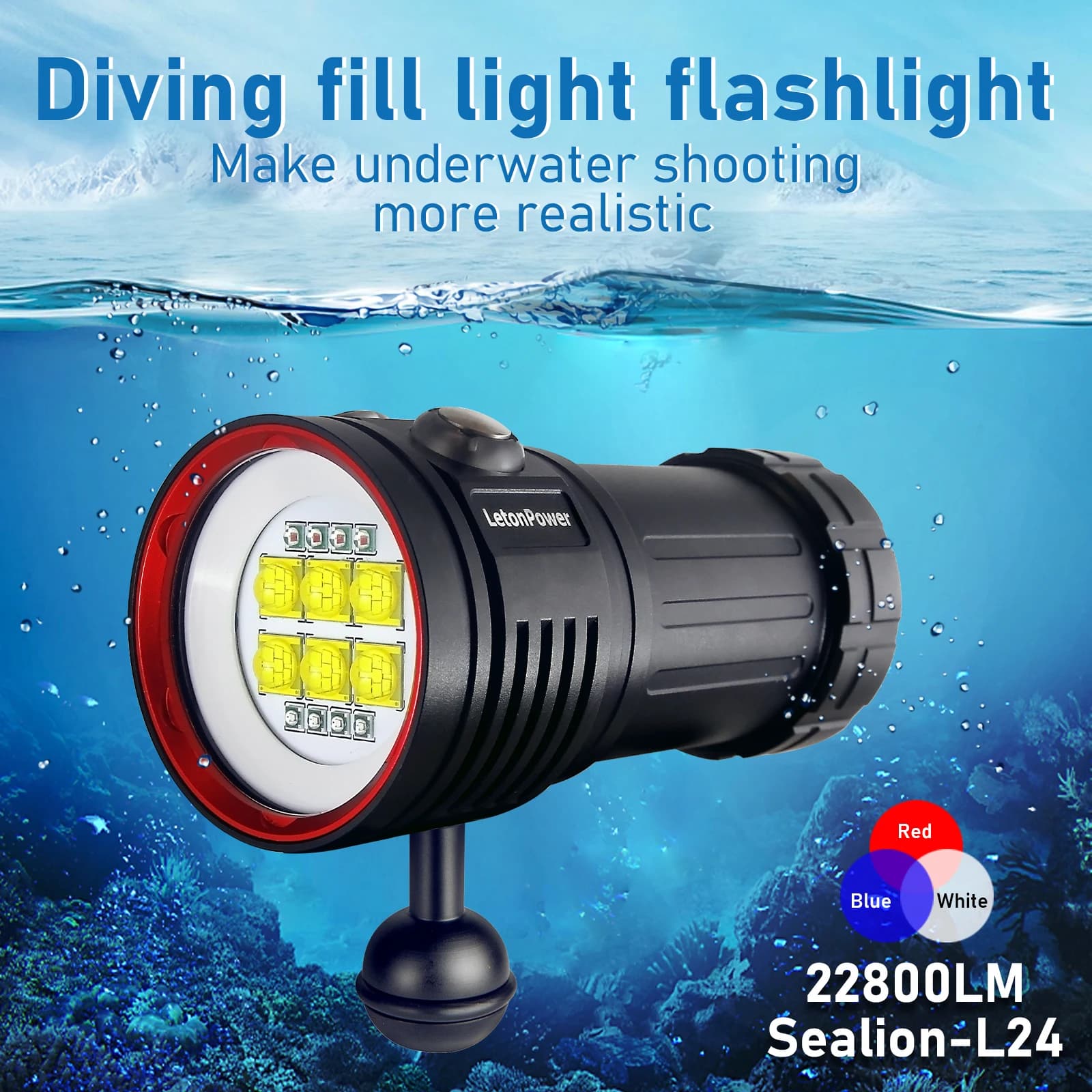 LetonPower Torcia subacquea 22800 lumen ricaricabile Illuminazione subacquea 100 m Torcia impermeabile per fotografia Video Luce di riempimento