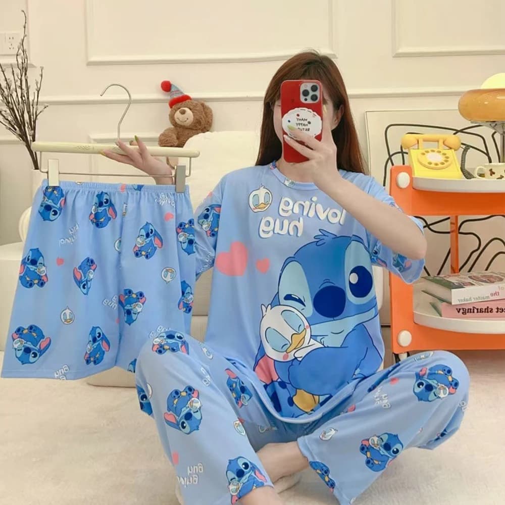 Nuovo Pigiama da Donna in Tre Pezzi, Completo Casual con Stampe Cartoon, Comodo e alla Moda per Casa