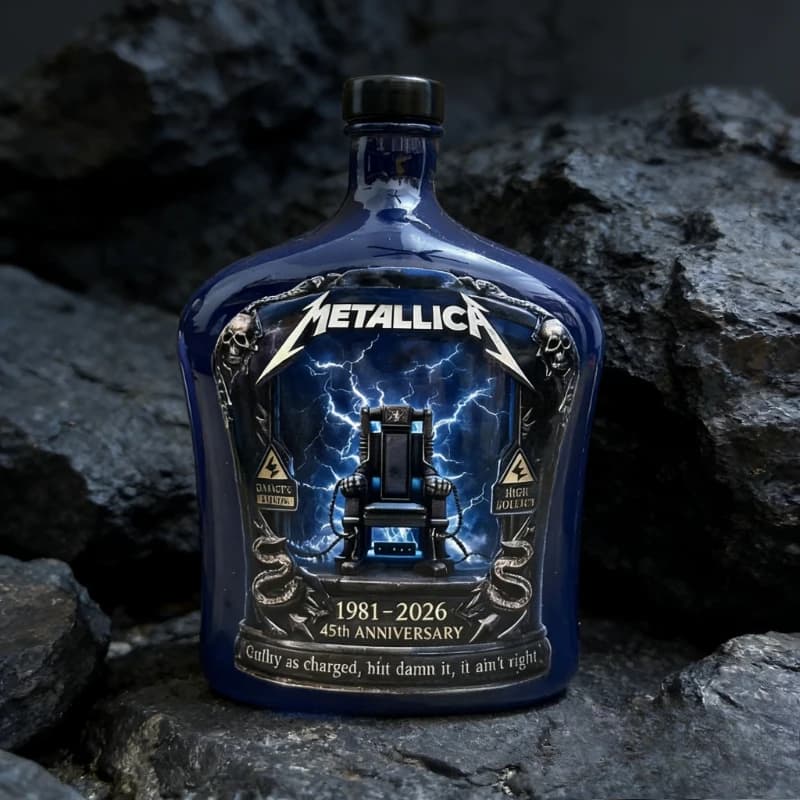 Metallica 45th Anniversary 1981-2026 Blue Ceramic Whiskey Bottle - Lightning Electric Chair Design Collection Decorative Bottle