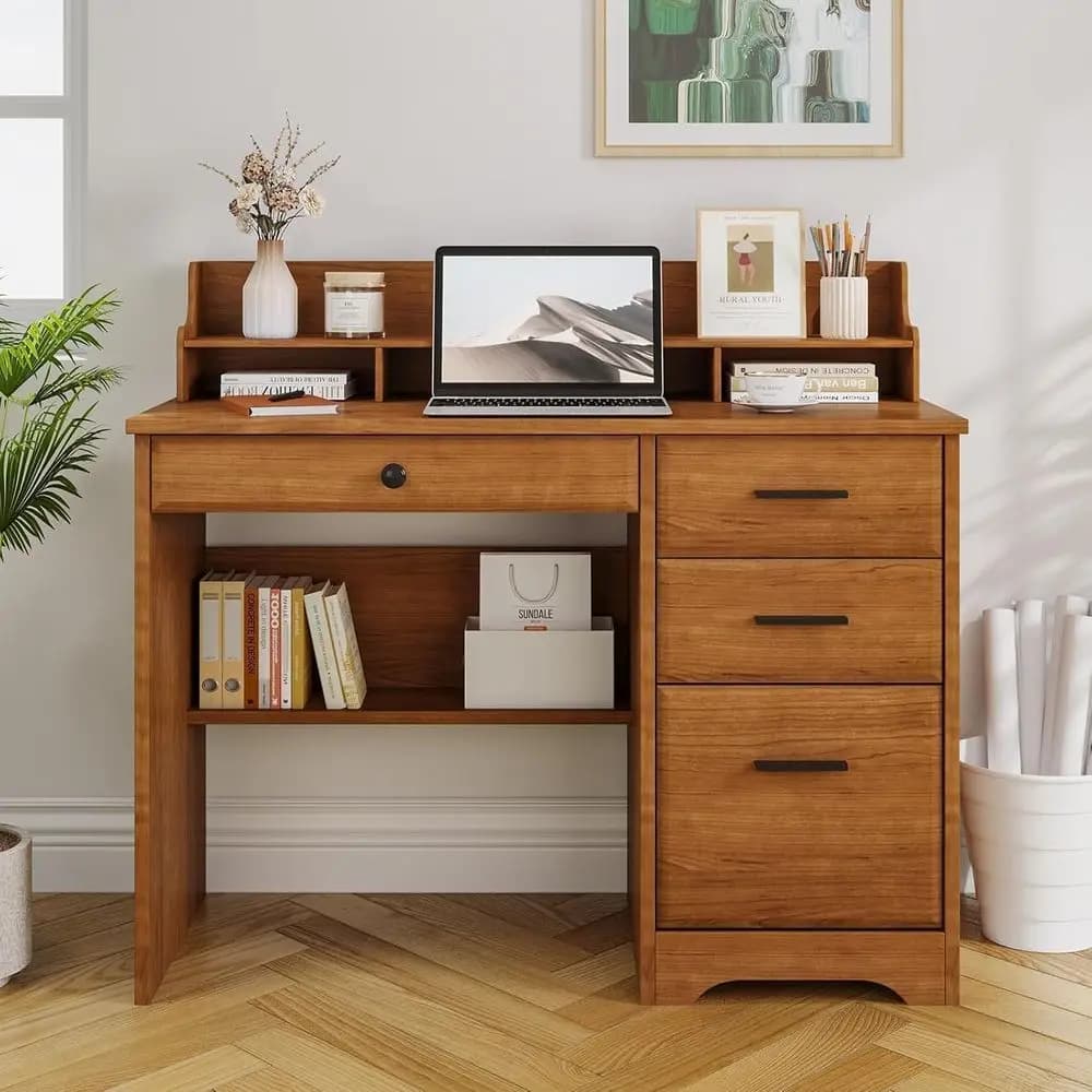 Compact Wooden Desk with Drawers and Monitor Support, Ideal for Small Spaces, Studio or Bedroom, Brown