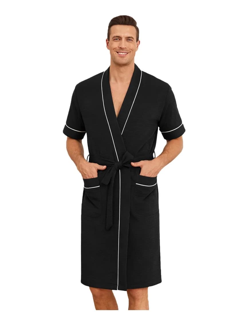 Mens Lightweight Waffle Bathrobe Kimono Collar Short Sleeve White Piping Black Cotton Blend Belt Pockets Loungewear Hotel Showe