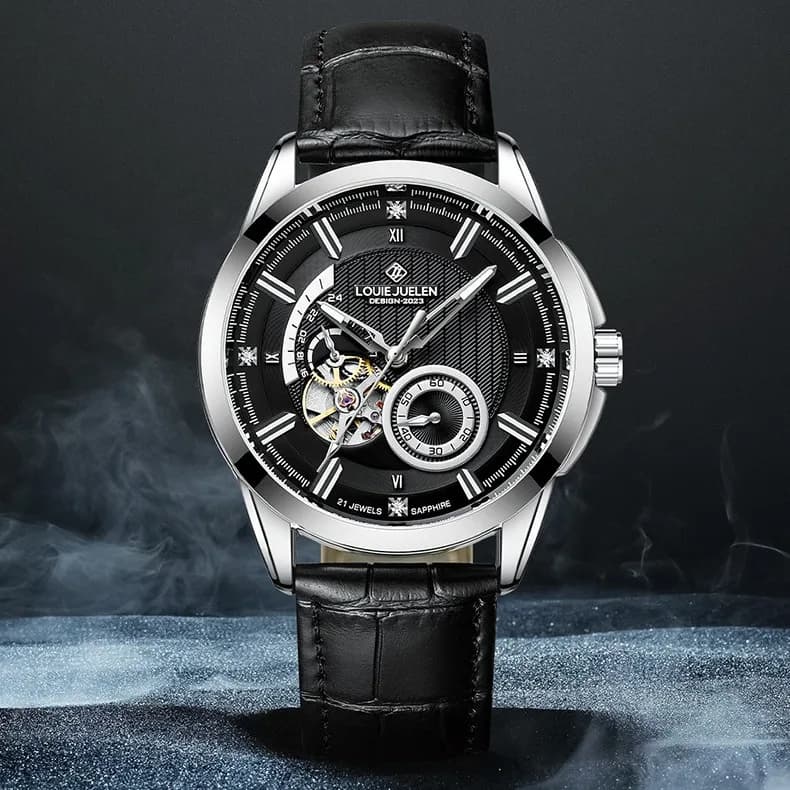 Orologio Automatico da Uomo Serie Black Knight in Acciaio Inossidabile, Scheletrato, Luminoso, Impermeabile, con Cinturino in Vera Pelle