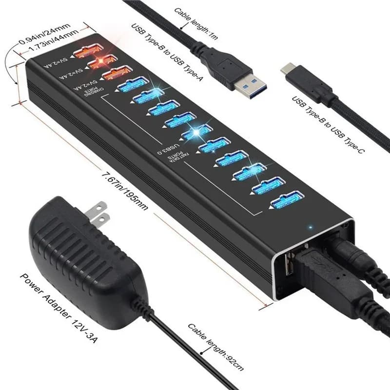 Hub USB 3.0 a 13 porte, splitter TYPE-C 3.1, docking station TYPE-C 3.0 con ricarica rapida intelligente.