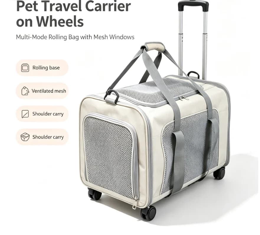 ZHAYA Wheeled Multi‑carry Pet Transit Bag, Car‑Seat Safe Breathable Carrier Tote, Shoulder Hand Pull‑Along Travel Pack for Cats