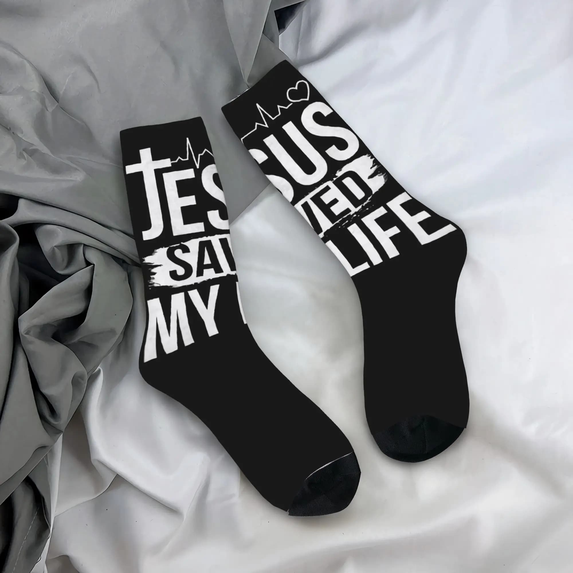 Custom Funny Jesus Saved My Life Socks Men Women Warm 3D Print Christ Religion Christian Faith Football Sports Socks
