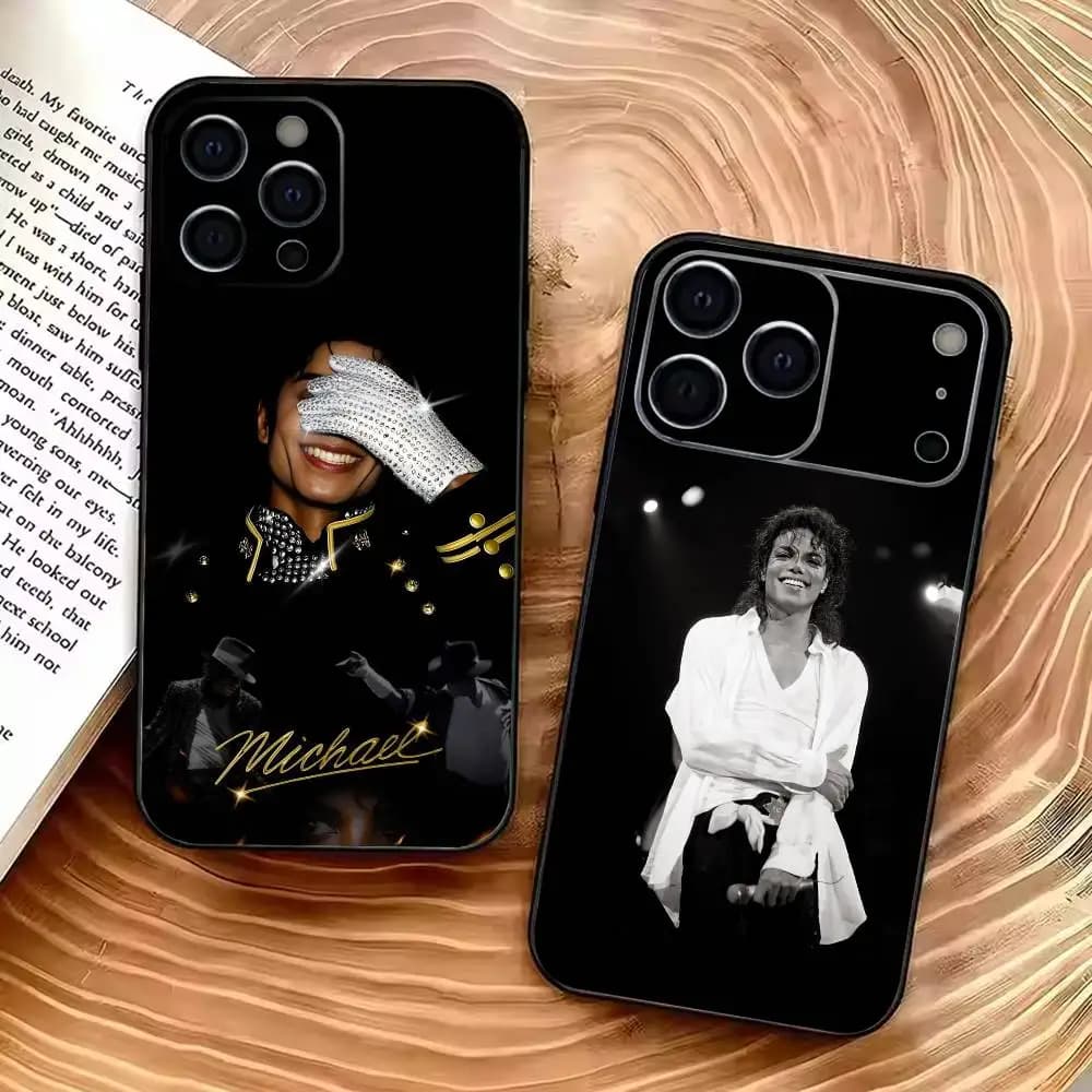 Cover per iPhone 12 13 14 15 16 17 Pro Max, leggera e pratica, in morbido materiale nero, con stampa King of Pop-M- Michael-J-Jackson