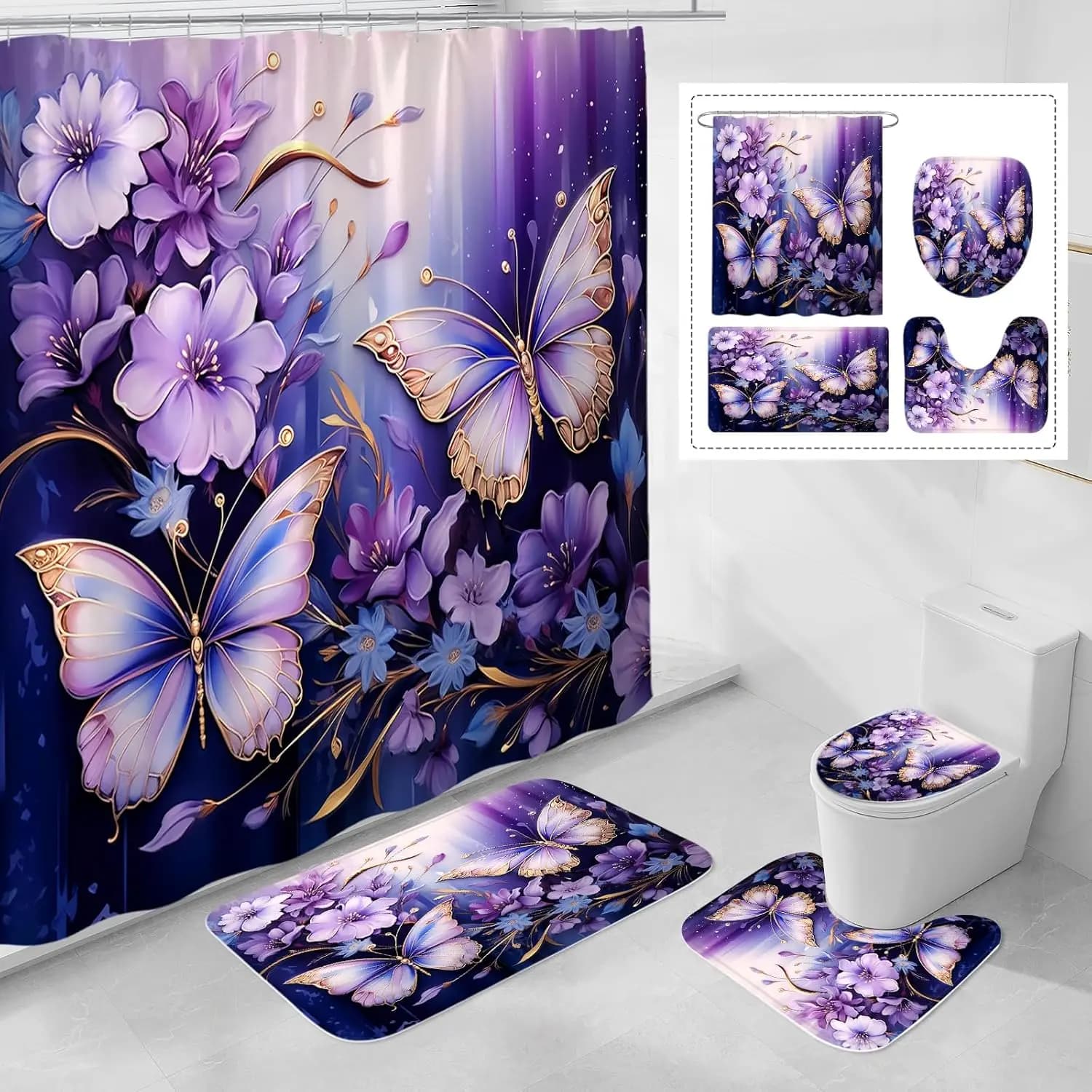 Set di tende da doccia con farfalla floreale viola da 4 pezzi con tappeti antiscivolo, copriwater moderno e tappetino da bagno, elegante decorazione per il bagno