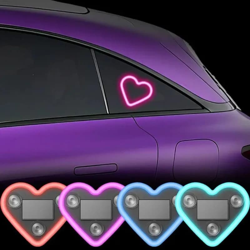 Car Triangle Window LED Solar Powered Heart-shaped Neon Light Rear Window Illuminated Interior Decoration Atmosphere Light
