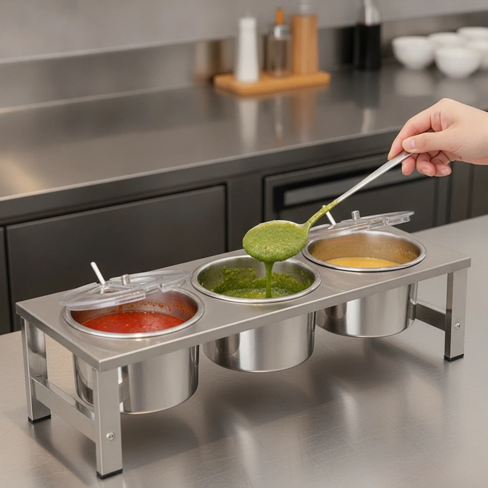 Condiment Holder with Spoons Commercial Seasoning Organizer with Pots Seasoning Box with Spoon Easy to Clean Rack Anti-Corrosive
