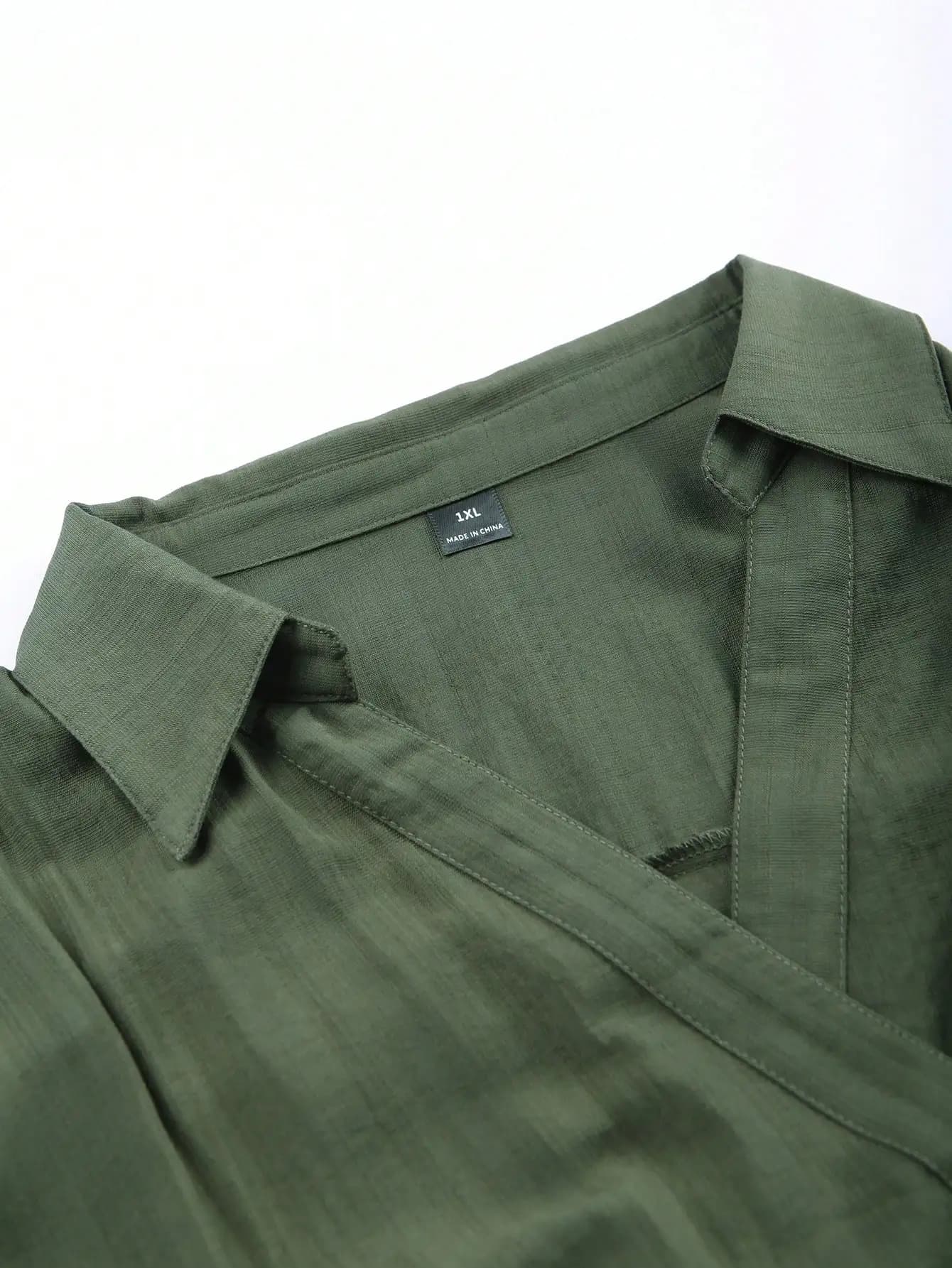 Abito da donna senza maniche con colletto a camicia, verde militare, con vita plissettata, modello A-line, lunghezza midi