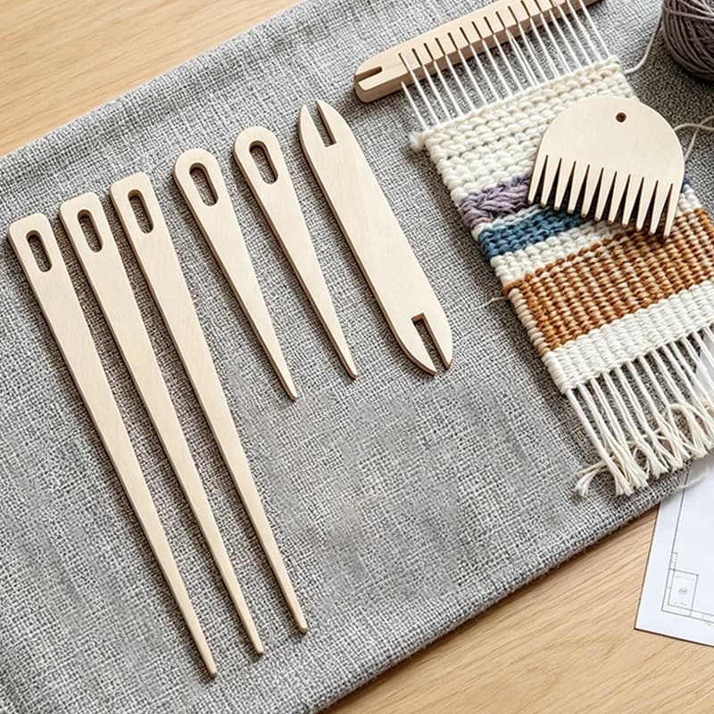 YOMDID 7pcs Wooden Hand Weaving Stick Kit, DIY Wood Weaving Craft Tools, Large-Eye Needles, Wooden Shuttle Weaving Sticks