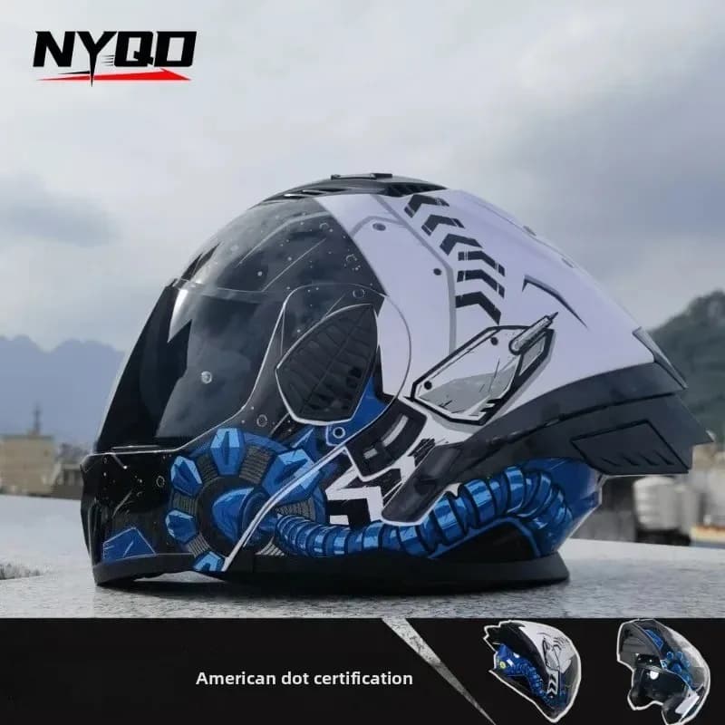 DOT Blue and White Helmet Men's and Women's Four Season Motorcycle Peel Off Helmet Cycling Helmet
