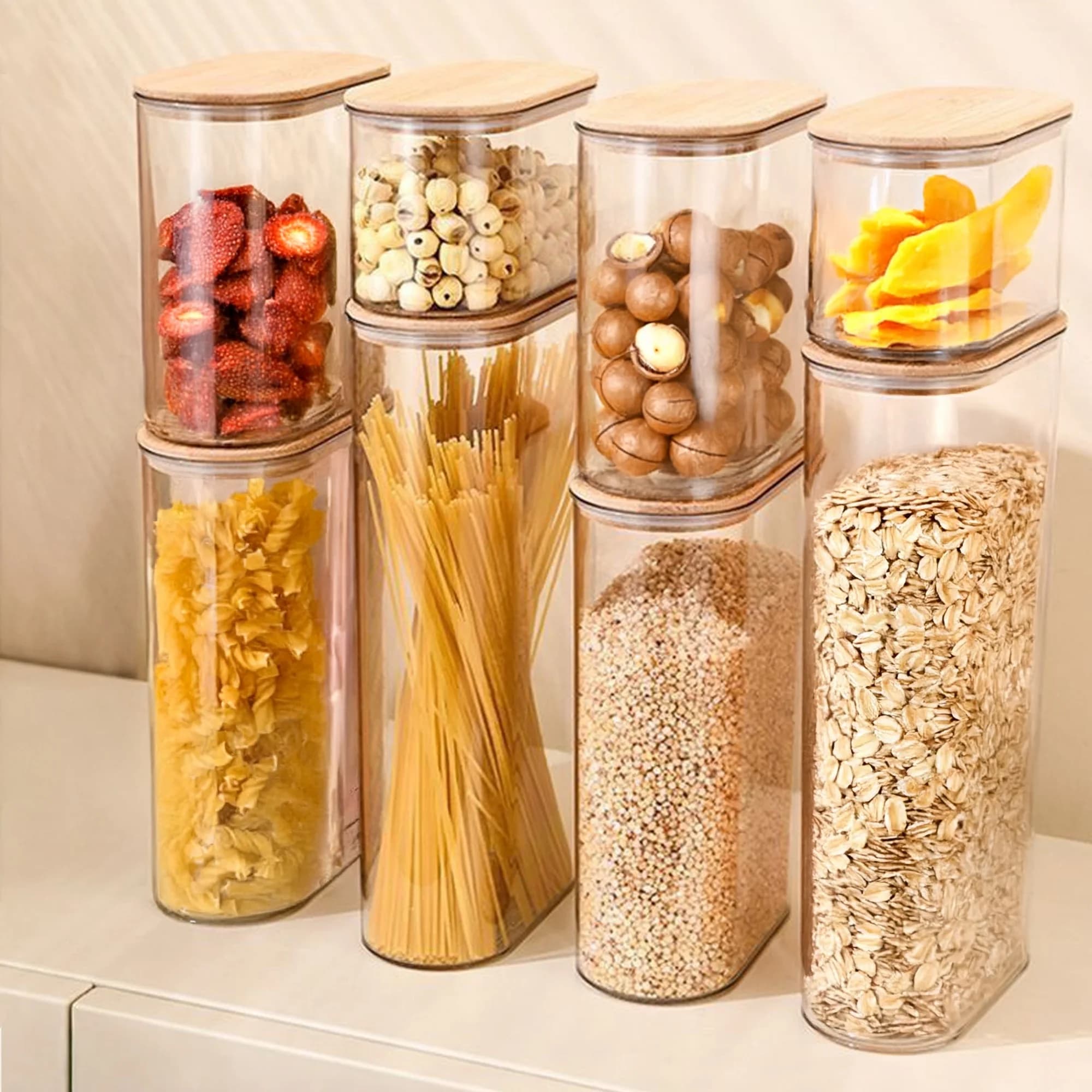 Set di 7 Contenitori per Alimenti in Plastica con Coperchio in Legno, Scatole per Conservazione Cibo, Contenitori in Vetro con Coperchio