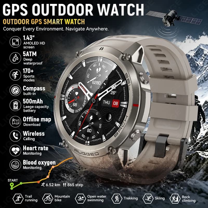 LIGE New GPS Route Navigation Smart Watch Military Offline Map 5ATM Waterproof Swim Clock 500mAh Battery Men Outdoors Watches