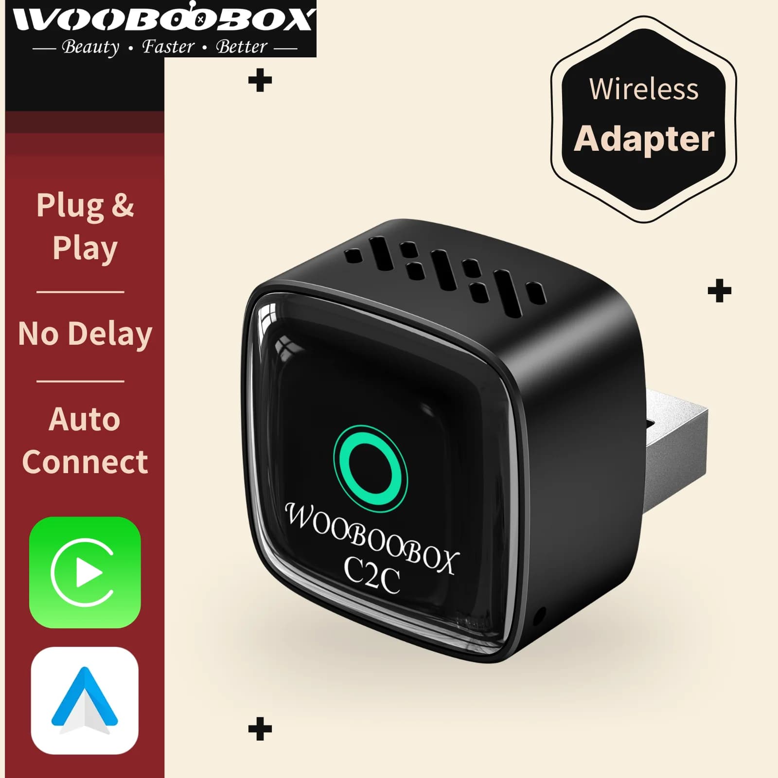 Adattatore Wireless CarPlay Wooboobox con Corpo in Lega, Dongle 2 in 1 USB Plug & Play per Android Auto e CarPlay per iPhone e Android, 5Ghz