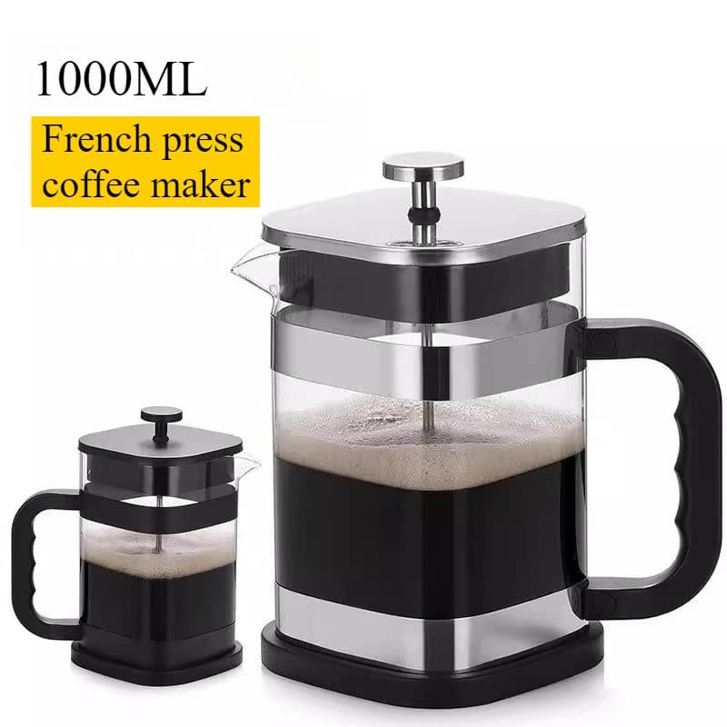 1000ml Square French Press Durable Glass Coffee Maker Tea Kettle with Stainless Steel Fine Mesh Filter Household