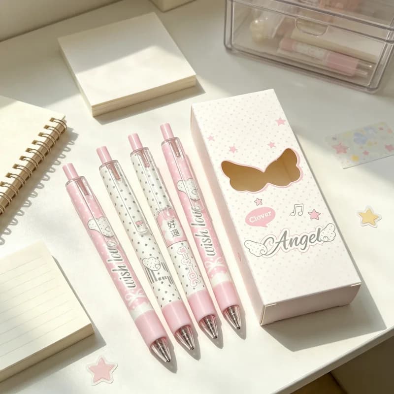 Angel Wings Polka Dot Bow Retractable Gel Pen Quick‑Dry 0.5mm Black ST Tip Cute Gel Ink Pens 4Pcs Set For Student Exam Note Taki