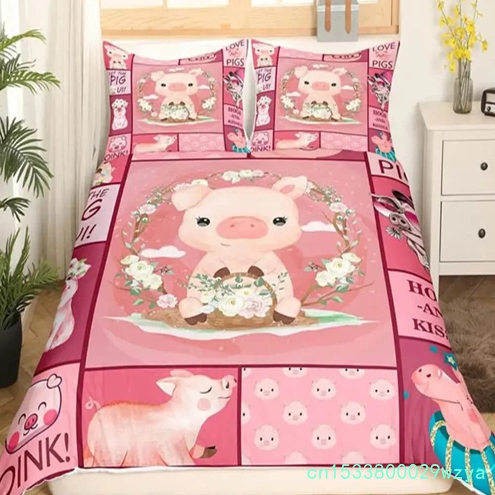 Cartoon Lovely Pig Duvet Cover Set Kawaii Animal Bedding Set King Microfiber Farmhouse Wildlife Theme Comforter Cover Pillowcase