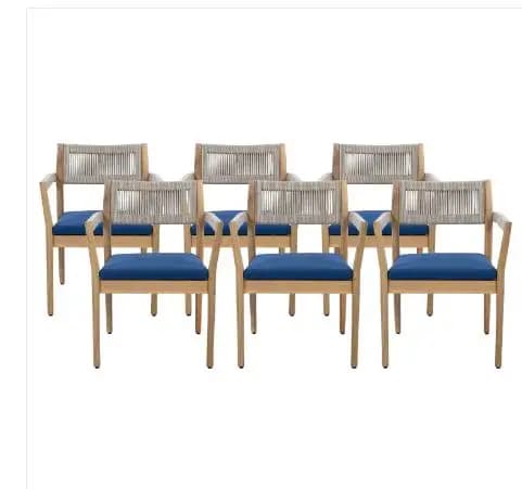 Braided Acacia Wood Outdoor Dining Chairs Set of 6 – Teak Look with Beige Rope & Navy Cushions, All-Weather Patio Furniture for Garden, Poolside, and Backyard (Durable & Stylish)