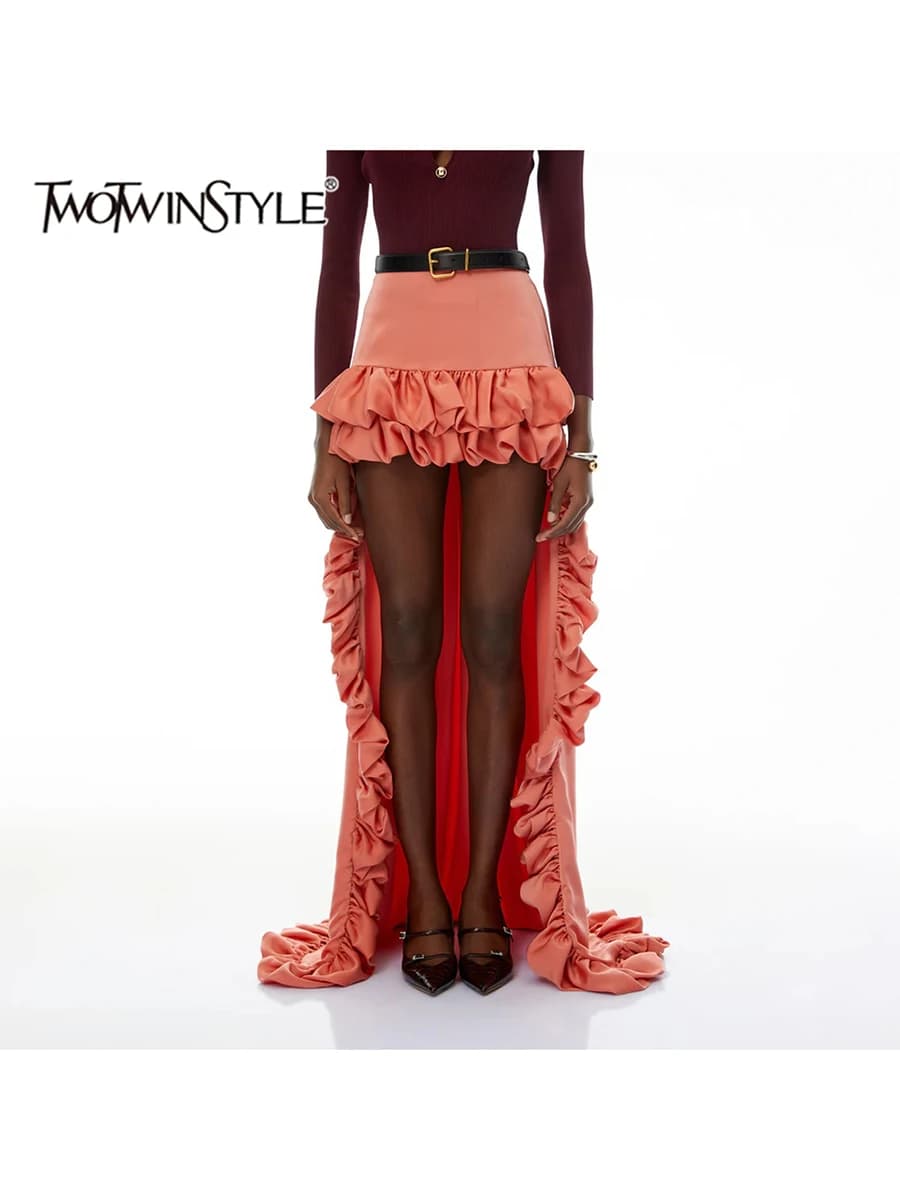 TWOTWINSTYLE Ruffles Spliced Solid Slimming Skirt for Women High Waist Patchwork Zipper Irregular Skirts Female Fashion Style