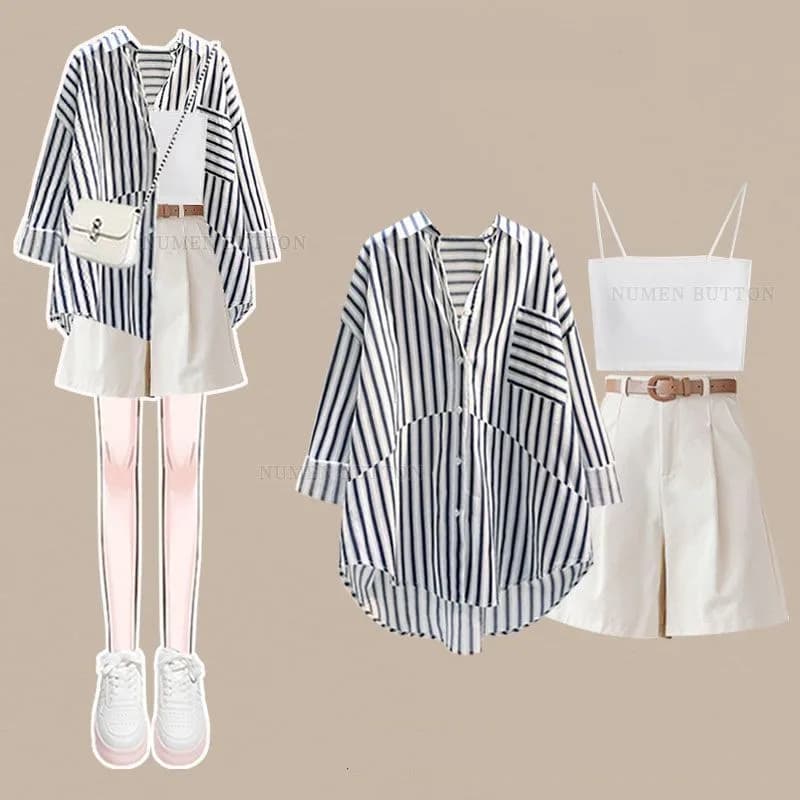 Donna 2025 Estate Nuova camicia a righe casual + fionda bianca + pantaloncini Abito a 3 pezzi Coreano elegante protezione solare Cardigan Pantaloni Set coordinato
