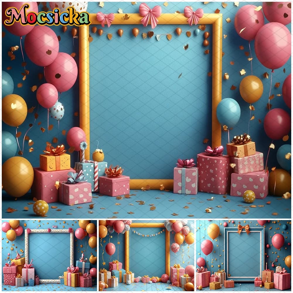 Mocsicka Festa di compleanno Sfondo Regalo Palloncini Immagine Blu Cornice per foto artistica Carta da parati Sfondo fotografico Puntelli da studio Banner