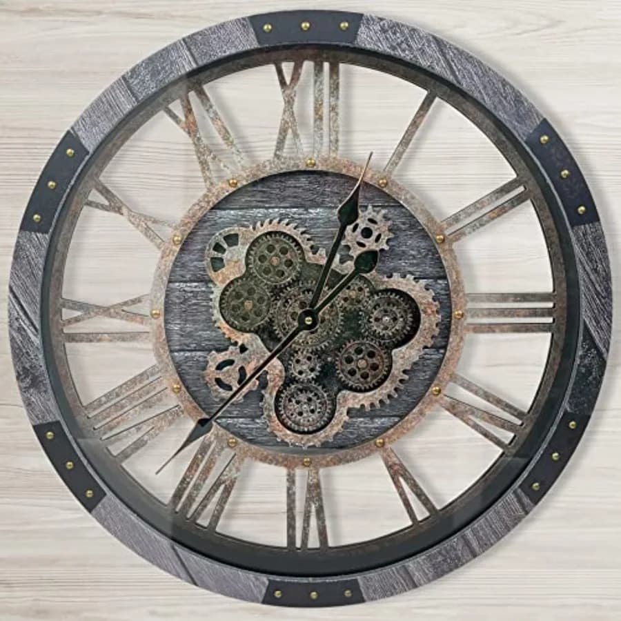 Orologio da Parete Grande 30 Pollici per Arredamento Soggiorno, in Legno Massello e Metallo con Ingranaggi Mobili, Grigio Carbonio Stile Industriale Rustico