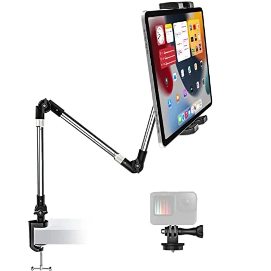 Supporto per Tablet in Alluminio con Morsetto da Scrivania 360° ° Supporto per iPad con braccio regolabile da 35 pollici, supporto per tablet da letto, clip per webcam per iPad Pro A