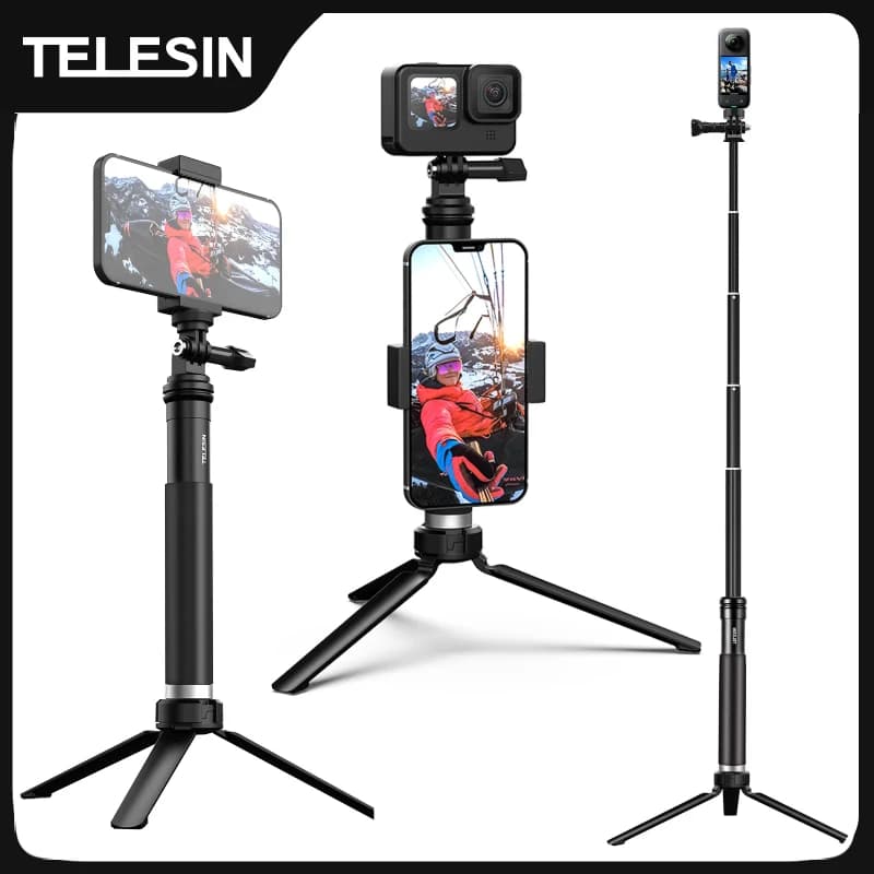 TELESIN For GoPro Selfie Stick 360 ° Phone stand folding tripod with single-foot rotation aluminum alloy for smartphone DJI Insta360