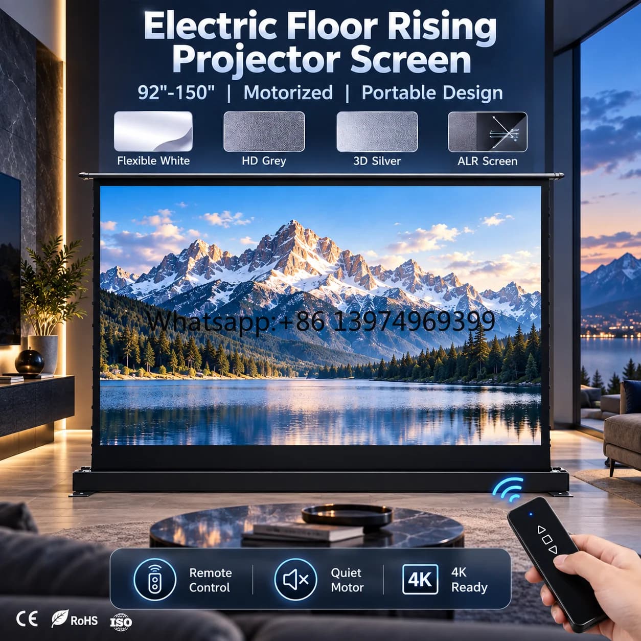 Motorized Floor Rising Projector Screen 92-150 Inch Tab Tensioned Cinema Projector Screen Electric Screen for Home Theater