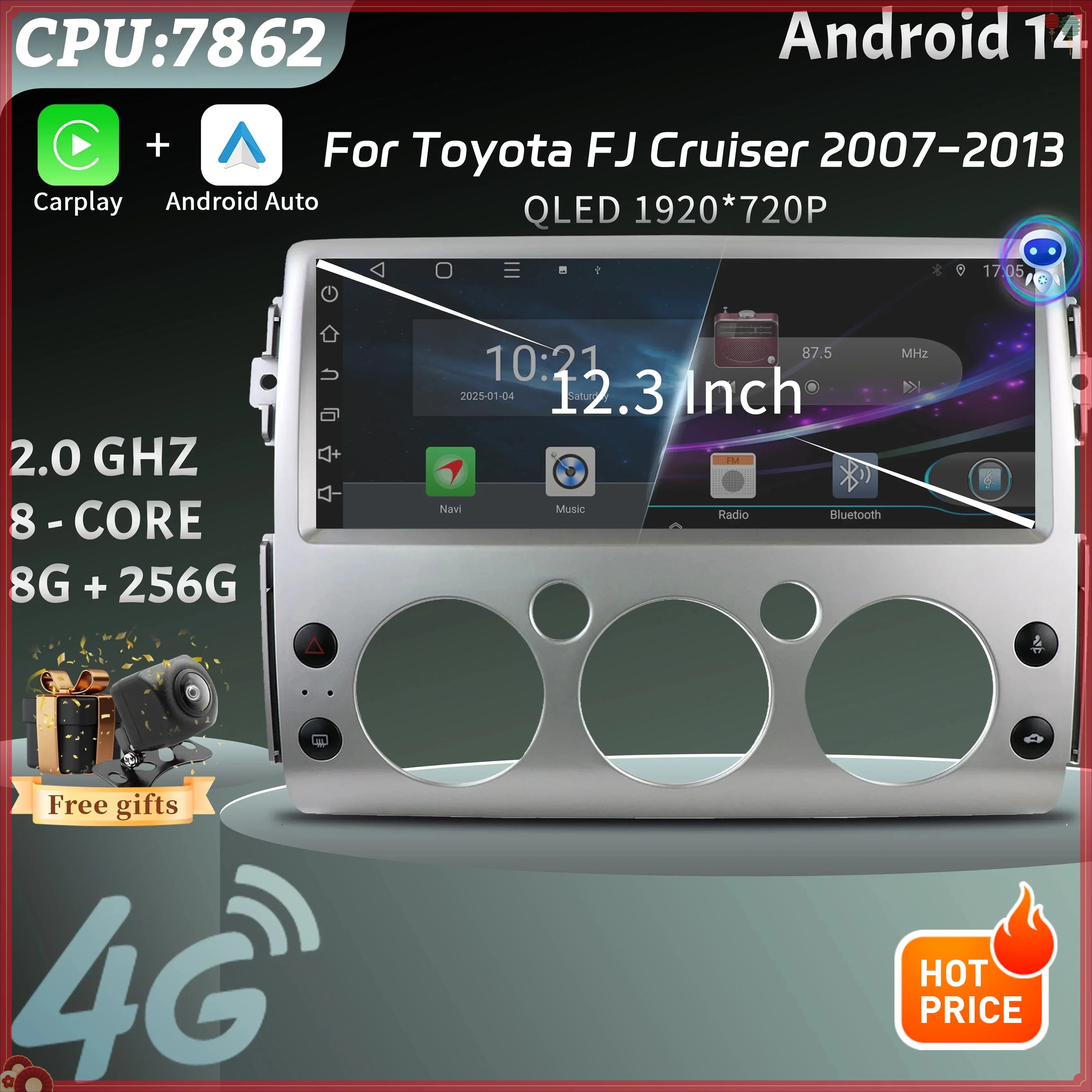 12.3" Car Radio Multimedia For Toyota FJ Cruiser 2007-2013 Navigation Wireless Bluetooth CarPlay 4G GPS Touch Head Unit Screen