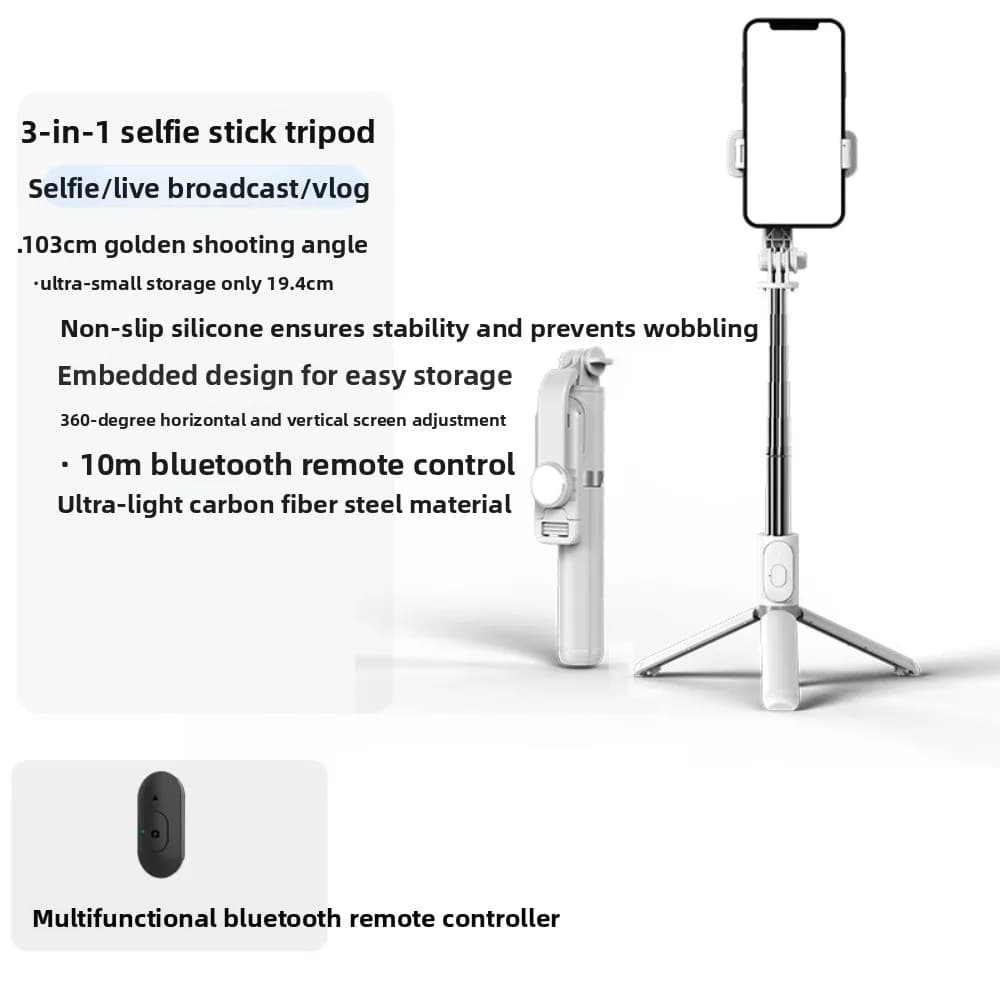 White Fill Light Phone Selfie Stick Portable Tripod Bluetooth Selfie Stick Adjustable Lightweight Telescopic Selfie Stick