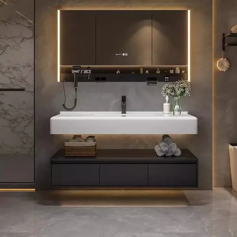 Mobiletto da bagno moderno con specchio, in lamiera di roccia, con lavabo, da parete, galleggiante, con 2 cassetti, ante con chiusura ammortizzata