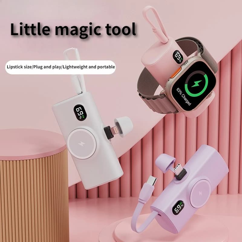 5000mAh Pocket Capsule Power Bank Wireless Magnetic Charging Watch Power Bank with Built-in Cable Mobile Power Source