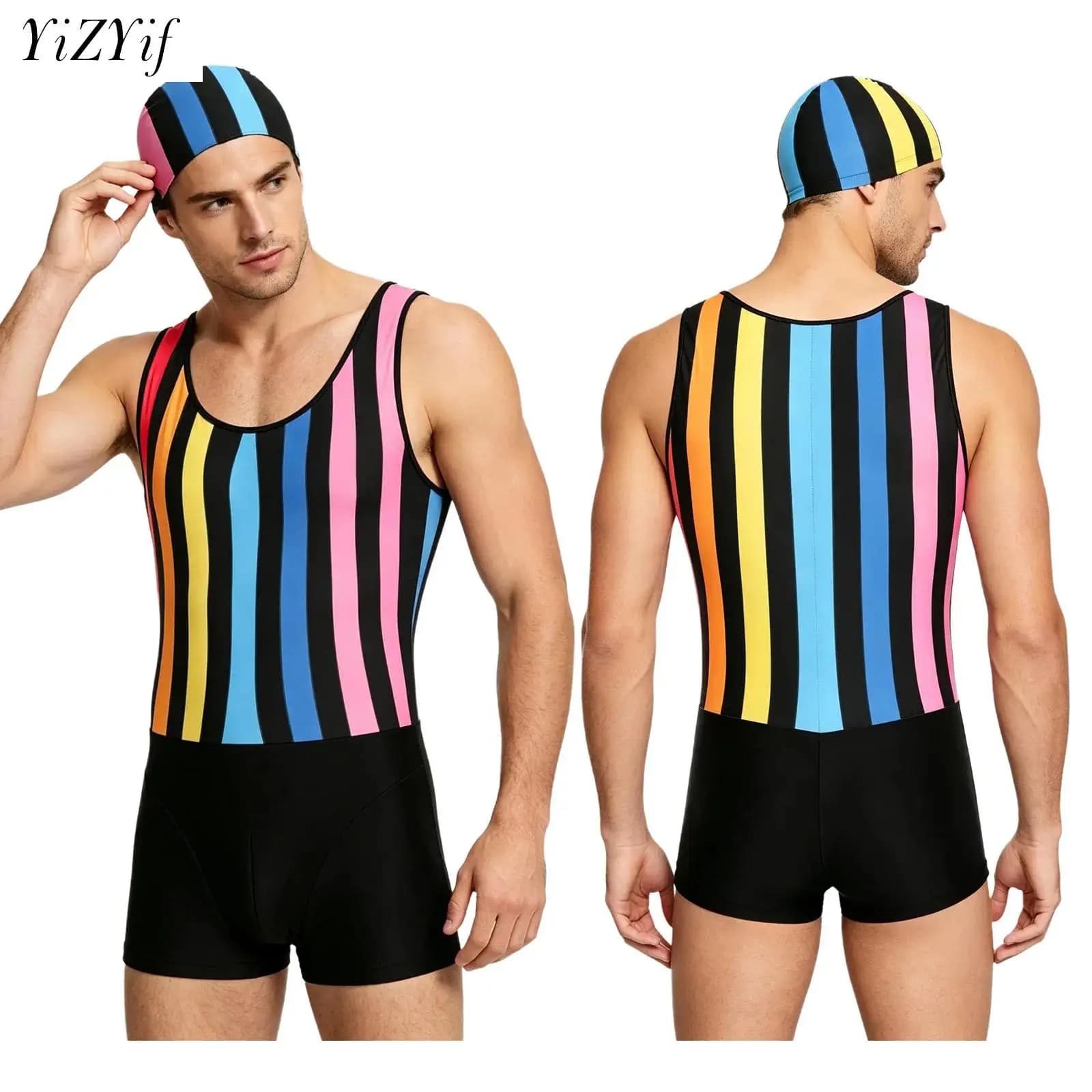 Costume da bagno intero da uomo ad asciugatura rapida con cappuccio, senza maniche, a righe, per palestra, sport e fitness