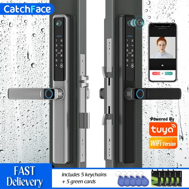 Fotocamera impermeabile Outdoor Fingerprint TUYA WIFI APP RFID Card Code Keyless Smart Electronic Door Lock alluminio/vetro scorrevole