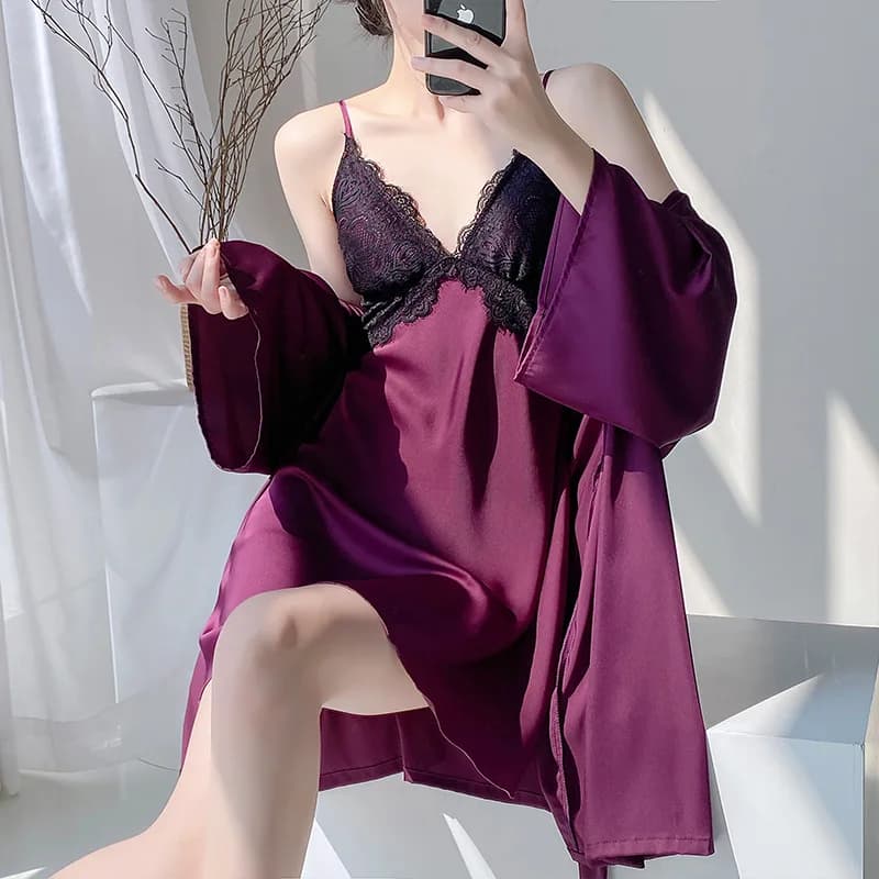 2PCS Women Robe Sets Lace Satin Kimono Bathrobe Sleepwear Nightgown Loungewear Summer Underwear Dressing Gown Suit