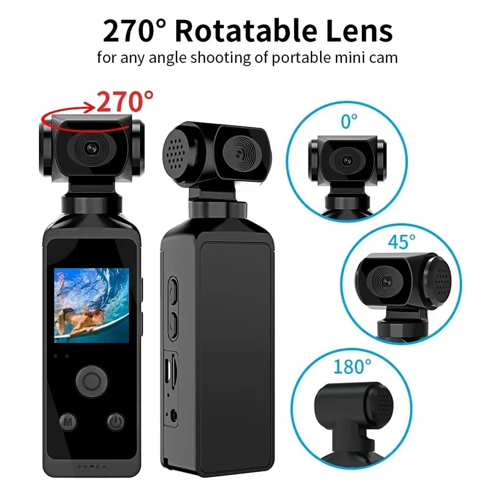 Videocamera Sportiva Tascabile 4K Ultra HD 270 ° Action Camera con Schermo Rotante, WIFI, Custodia Impermeabile, Registratore Vlog per Casco e Bicicletta