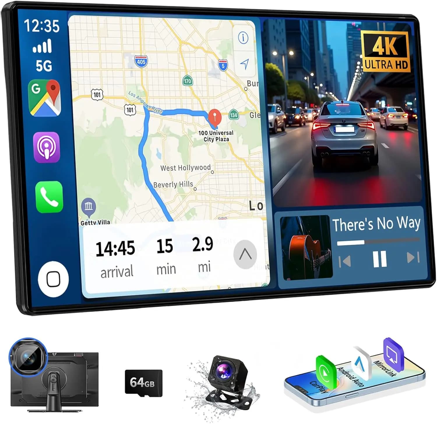 Schermo Wireless Carplay da 11,3 Pollici con Dash Cam 4K, Android Auto, Navigazione GPS, Bluetooth, Controllo Vocale per Auto