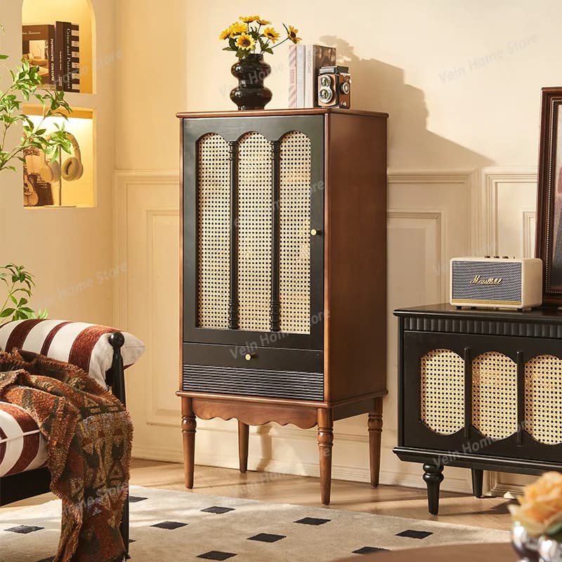 French Solid Wood Living Room Cabinets High-legged Rattan Woven Display Cabinets Sideboard Chinese Style Furniture Armario JTL