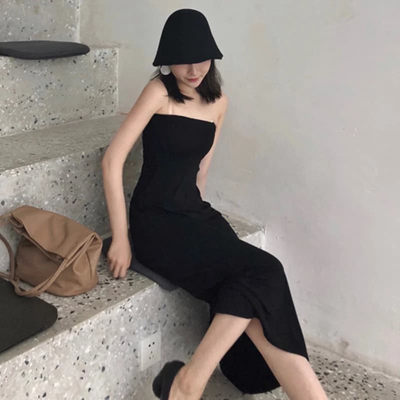 Retro Style Long Gown Women's Slim Fit Chic Strapless Vacation Dress Black Pleated mid Waist A-Line Skirt Dress