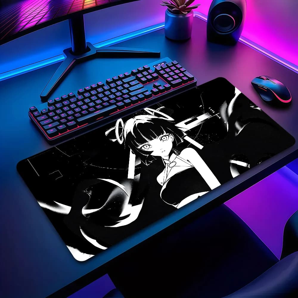 Tappetino per mouse Black White Frenzy S-Sora con ragazza anime, antiscivolo, ispessito, grande, con bordo cucito, per ufficio, studenti e gaming
