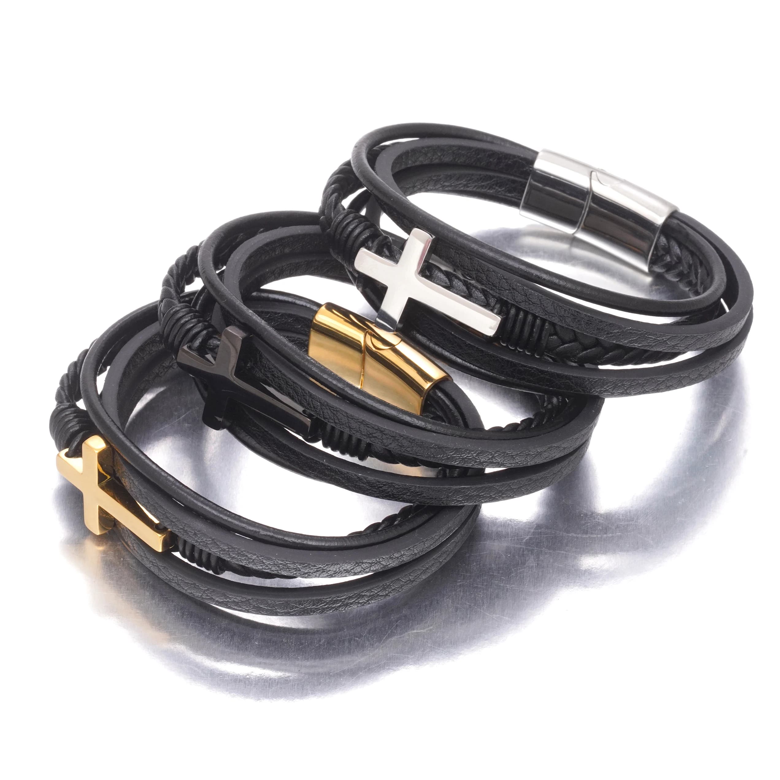 Bracciale in Pelle Intrecciata Fatto a Mano con Chiusura Magnetica in Acciaio Inossidabile, Bracciale a Croce da Uomo in Acciaio al Titanio, Accessori Moda